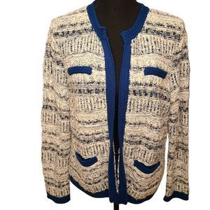 J McLaughlin Womens Knit Blue White Cotton Blend Cardigan Sweater Medium